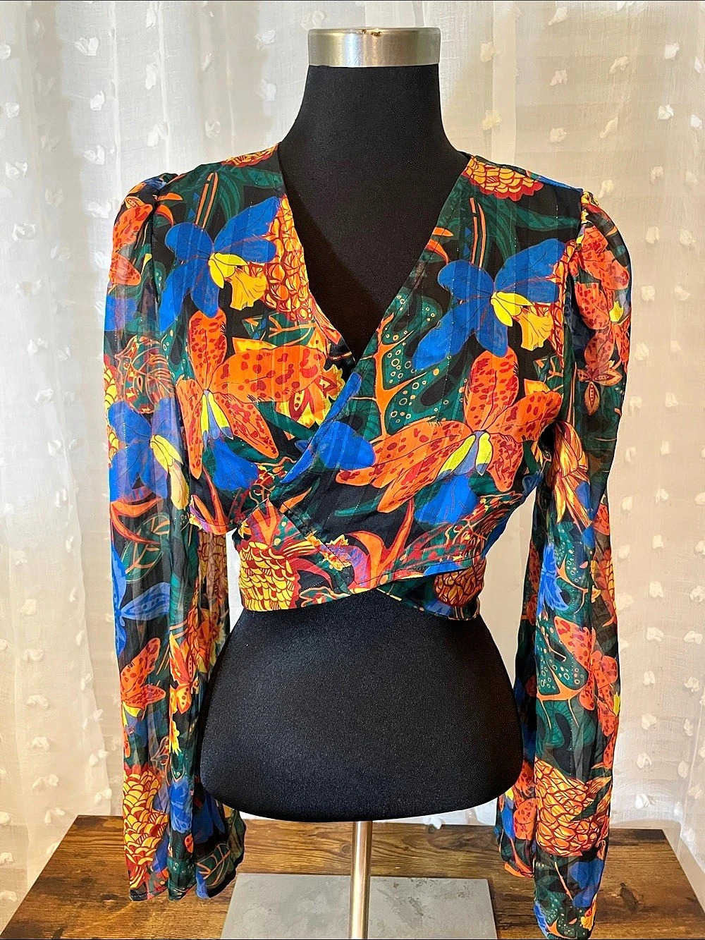 SHEIN Floral Wrap Crop Top in Blue & Orange Size Small